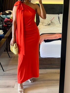 Zara One-Shoulder Red Maxi Dress with Bow Detail